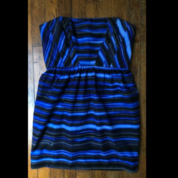 Shoshanna | Blue Black Silk Stripe Strapless Dress - Picture 2 of 9
